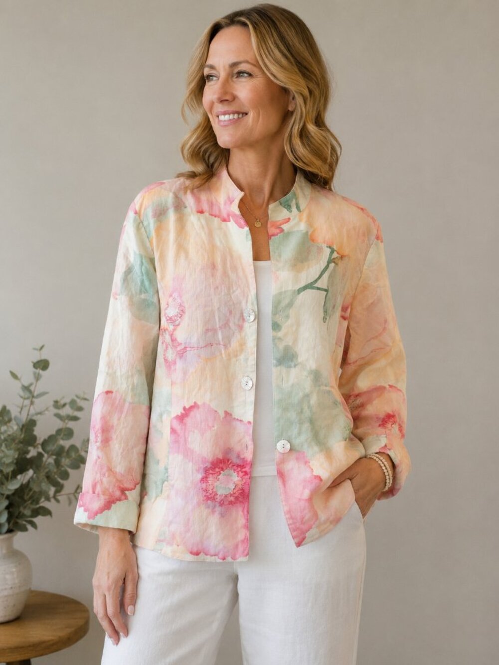 Chico's Floral Linen Long Sleeve Lightweight Button Jacket Size L Cottagecore